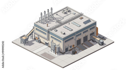 Isometric industrial factory building with loading docks and trucks, representing manufacturing and logistics