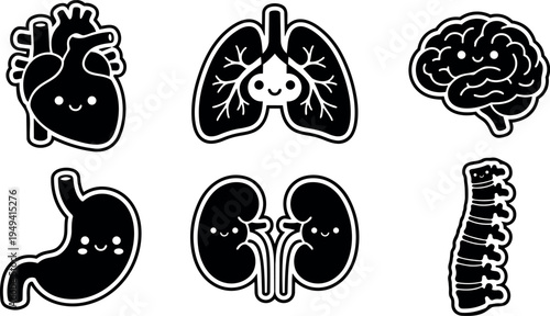 Cute smiling human heart lungs brain stomach kidneys spine cartoon vector icons set with black and white simple design