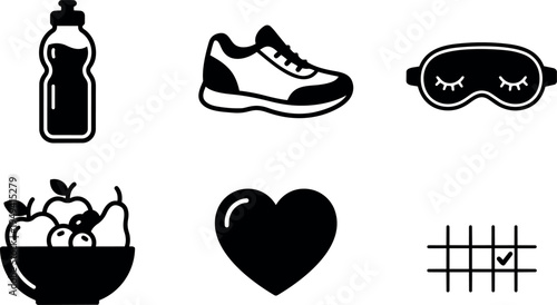Simple black icons of water bottle sneaker sleep mask fruit bowl heart and calendar with check mark design illustration