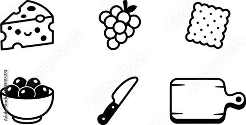 Simple black and white line art icons including smiling cheese slice grape cluster cracker bowl with fruit kitchen knife and cutting board set