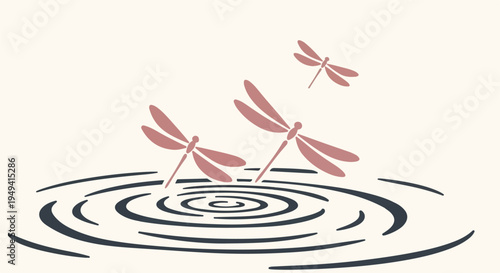 Minimalist Dragonfly Illustration with Water Ripples in Vintage Earth Tones