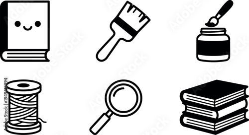 Cute smiling book with brush jar of paint spool of thread magnifying glass and stacked books simple black line icons