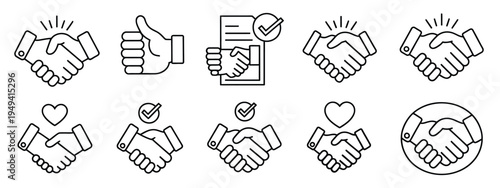 Handshake Icon Set for Business Agreement and Partnership Deal, Friendly Handshake with Check Mark Symbol for Trust, Collaboration and Approval Concept, Vector Illustration for Apps, UI and Website