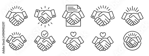 Handshake Icon Set for Business Agreement and Partnership Deal, Friendly Handshake with Check Mark Symbol for Trust, Collaboration and Approval Concept, Vector Illustration for Apps, UI and Website