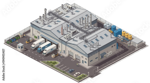 Isometric view of a modern industrial warehouse facility with trucks, storage tanks, and loading docks, representing logistics and distribution operations