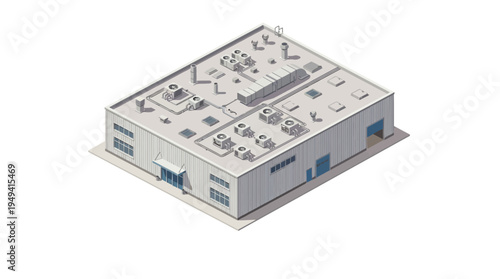 Isometric view of a modern industrial warehouse building with rooftop mechanical units and loading docks, representing logistics and distribution infrastructure