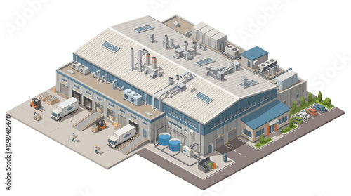 Isometric view of a modern industrial warehouse facility with loading docks, delivery trucks, and a forklift in a clean, bright environment