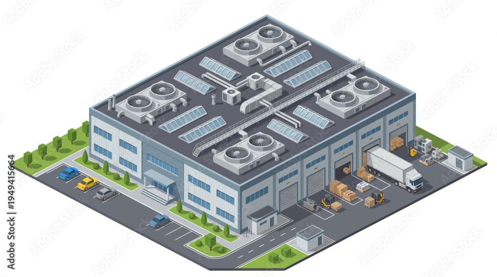 Obraz premium Isometric view of a modern industrial warehouse building with loading dock and delivery truck, showcasing logistics and distribution operations
