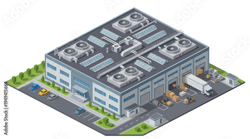 Isometric view of a modern industrial warehouse building with loading dock and delivery truck, showcasing logistics and distribution operations