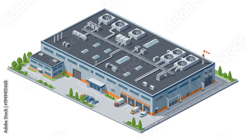 Isometric view of a modern industrial warehouse building with loading docks and delivery trucks, depicting logistics and distribution operations