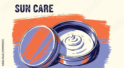 an open "Sun Care" tin with thick white cream, featuring a vibrant orange and blue color palette and a textured screen-print aesthetic for summer skincare.