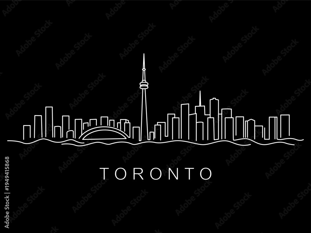 Obraz premium Linear panorama of Canada's capital, the city of Toronto. Downtown and cityscape with modern skyscrapers and a park. Flat vector illustration.