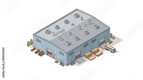 Industrial warehouse building with loading docks and a delivery truck, conveying logistics and storage