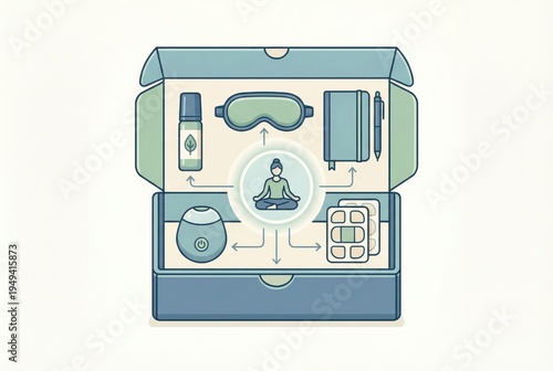 Mindfulness toolkit for holistic well being equipped with essential relaxation items for achieving tranquility and stress relief during busy lifestyles and demanding routines