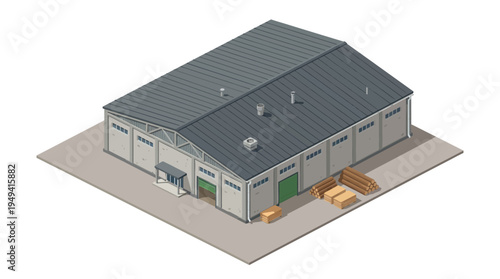 Isometric warehouse building with loading dock and stacked lumber, suitable for industrial or storage themes