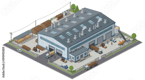 Isometric factory building with trucks and timber logs, industrial complex illustration for logistics and manufacturing concepts