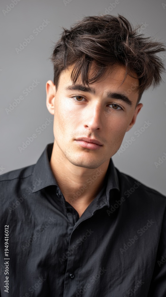 Obraz premium Headshot of a young male with tousled dark hair and a serious expression, looking directly at the camera, ideal for corporate or lifestyle imagery 