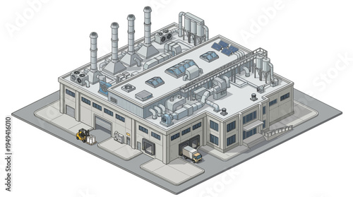 Isometric view of a modern industrial factory building with loading docks and a delivery truck
