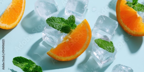 Orange wedge ice cubes and mint leaves on light blue background refreshing citrus arrangement wet droplets cool aesthetic