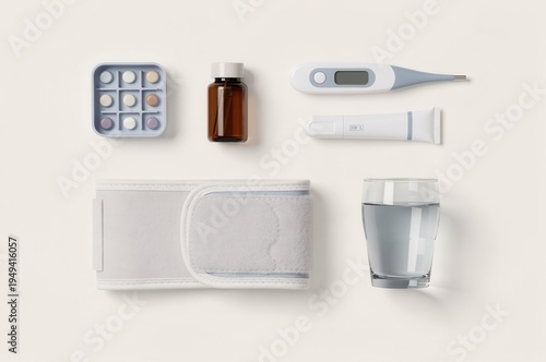 Health monitoring essentials including a blood pressure cuff thermometer glass of water supplements and medication emphasizing wellness and preventive care