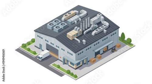 Industrial warehouse building with loading docks and HVAC systems, illustrating logistics and manufacturing