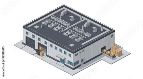 Isometric view of a modern industrial warehouse building with loading docks and forklift