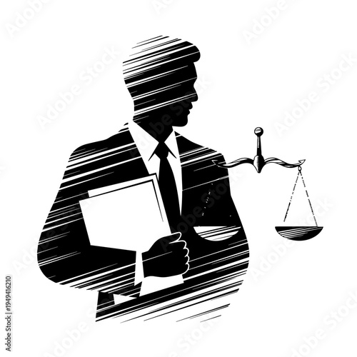 Stylized Lawyer Silhouette with Legal Documents, Scale of Justice for Legal Advisor, Justice Concept, Attorney, Law Firm, Legal Services, Corporate Counsel, Advocate, Compliance, Rights Protection.