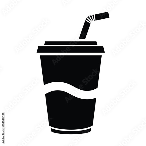 Black and white icon of a disposable cup with a straw and beverage