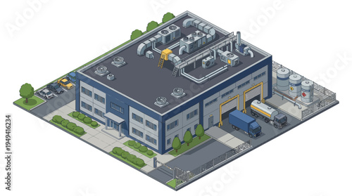 Isometric industrial building complex with delivery trucks and storage tanks, representing manufacturing and logistics operations