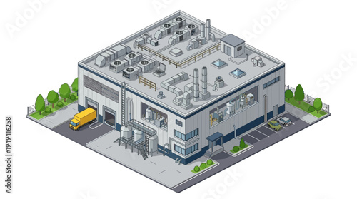 Isometric illustration of a modern industrial factory building with loading dock and vehicles in an urban setting