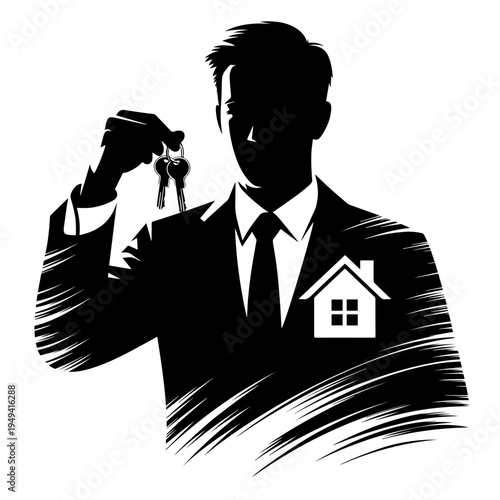 Real Estate Professional Silhouette Holding New Home Keys for Home Ownership Concept, Property Buying Illustration, Housing Market Specialist, and Broker Services