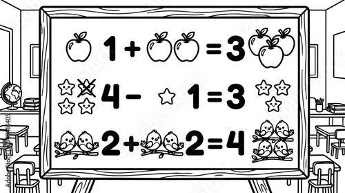Black and white vector math board with apples stars and birds showing basic addition and subtraction in classroom setting