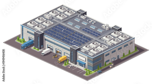 Modern industrial building with solar panels and loading docks, representing logistics and renewable energy solutions