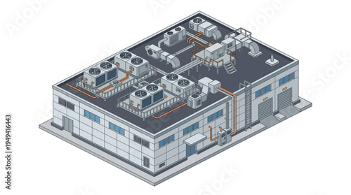 Isometric view of a modern industrial building with rooftop HVAC units and external piping