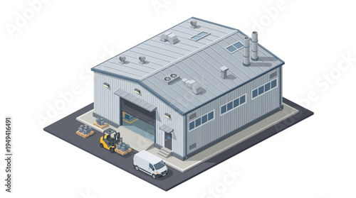 Isometric warehouse building with forklifts and delivery van on white background, symbolizing logistics and distribution