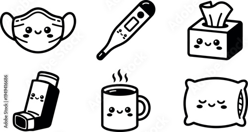 Cute kawaii style black and white vector icons of medical mask thermometer tissue box inhaler coffee cup and pillow with smiling faces