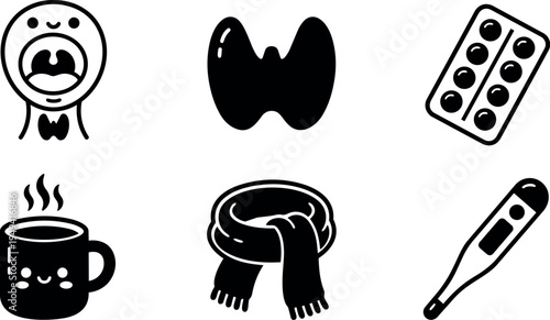 Cute black and white vector icons set including yawning person blanket pill pack warm cup scarf and digital thermometer