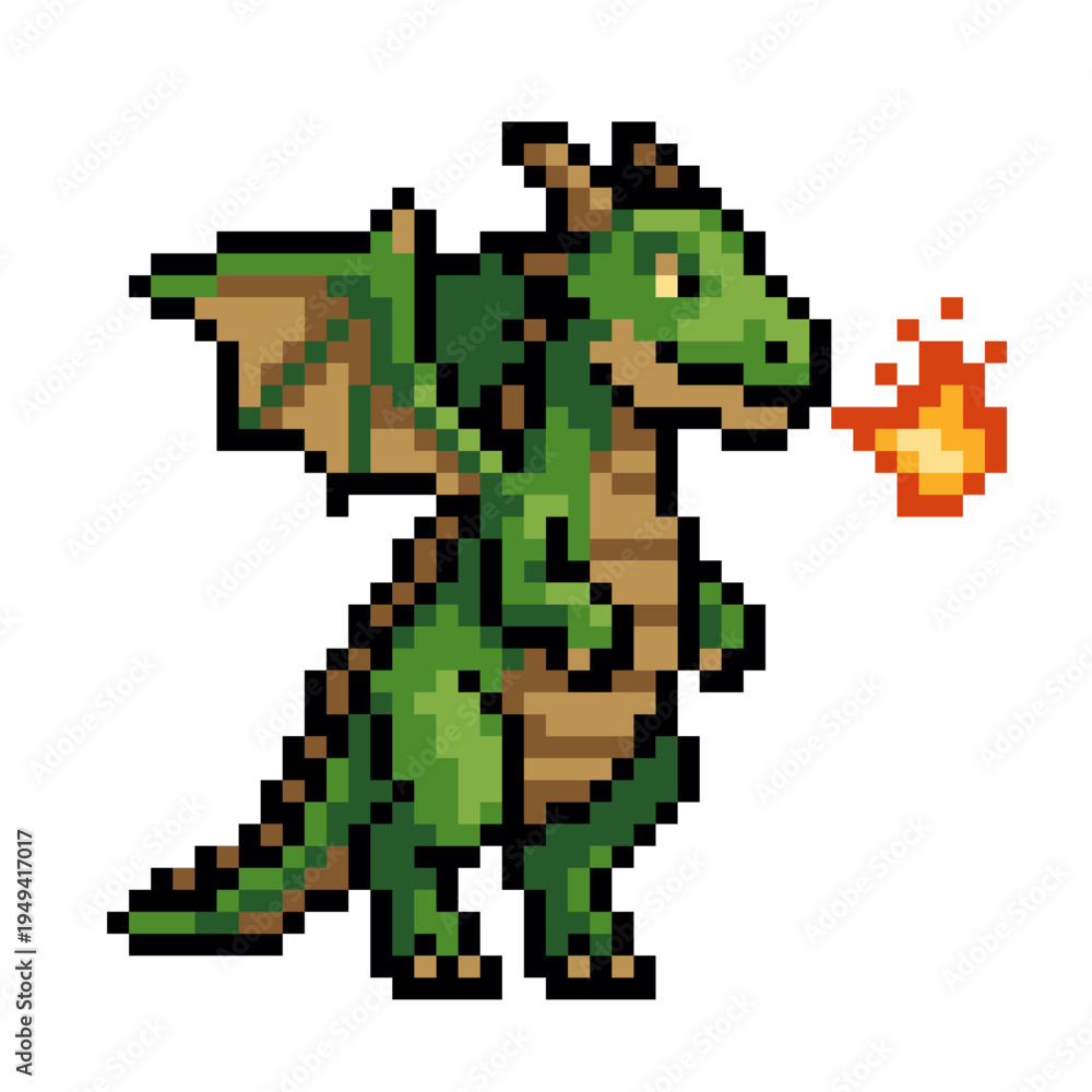 Fototapeta premium Pixel art green dragon breathing fire - retro 8bit fantasy creature game sprite