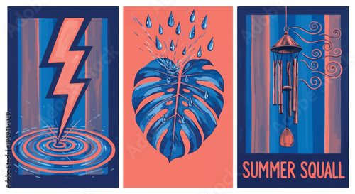 Retro Summer Squall Storm Illustration with Lightning Bolt, Tropical Monstera Leaf Rain and Coastal Wind Chime Poster Design