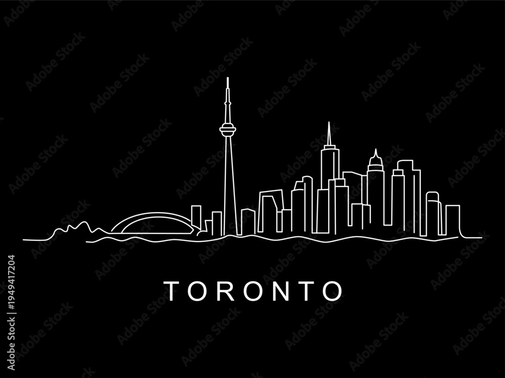 Fototapeta premium Linear panorama of Canada's capital, the city of Toronto. Downtown and cityscape with modern skyscrapers and a park. Flat vector illustration.