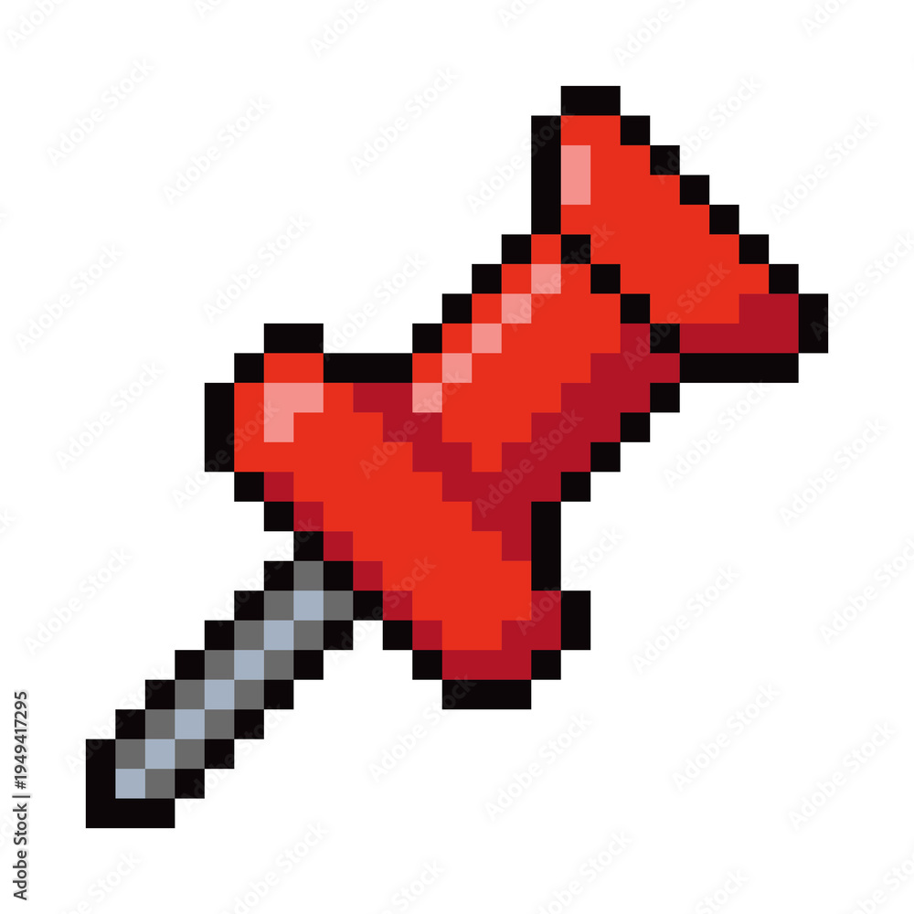 Fototapeta premium Pixel art red push pin – retro 8bit office stationery icon illustration