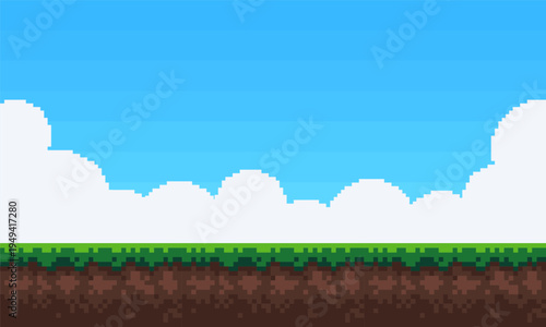 Pixel art platform game background with grass soil layer and blue sky clouds