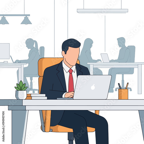 Focused Businessman Working on Laptop in Modern Office Setting.