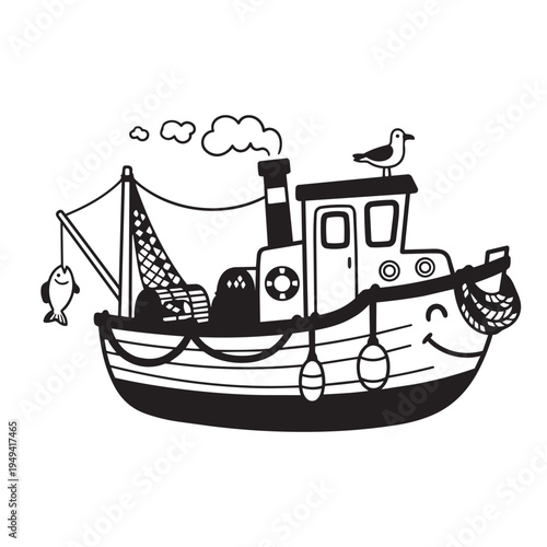 barco pesquero gaviota pescado ilustracion