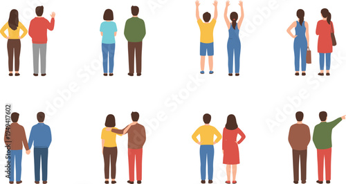 Vector illustration of diverse pairs of people from behind showing relationships, gestures, and social interactions in everyday life