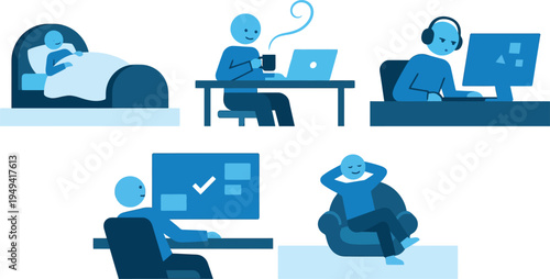 A vector graphic illustration of a person experiencing different work-from-home scenarios in a minimalist style