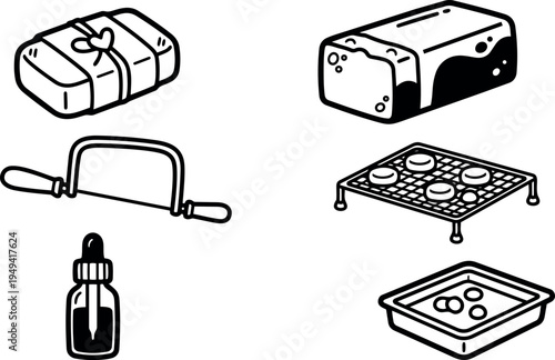 Black and white line art soap making supplies with hand cutter essential oil bottle and cure rack tray set