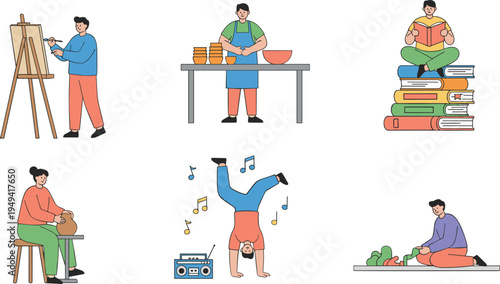 Vector illustration of diverse people enjoying hobbies including painting, cooking, reading, pottery, dancing, and gardening