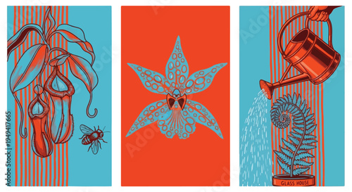 Botanical Illustration Trio with Pitcher Plant Orchid and Watering Can,carnivorous Nepenthes pitcher plant with a hovering insect, a detailed tropical orchid bloom