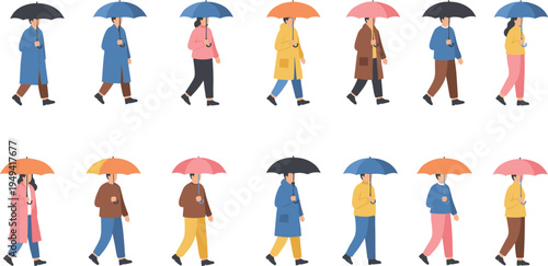 Vector illustration of diverse people walking with colorful umbrellas in rainy weather showcasing fashion, movement, and lifestyle